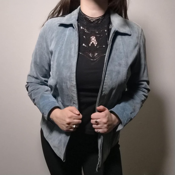 Coldwater Creek VTG Y2K Denim Blue 100% Seude Calf Leather Costal Cowgirl Jacket - Picture 4 of 15